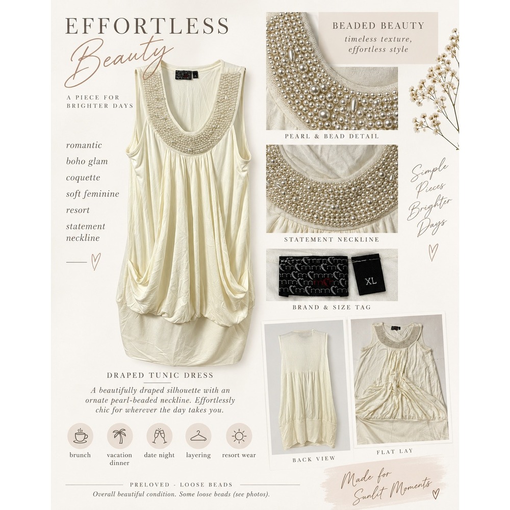Cream Pearl Beaded Scoop Neck Draped Bubble Hem Sleeveless Top Y2K XL